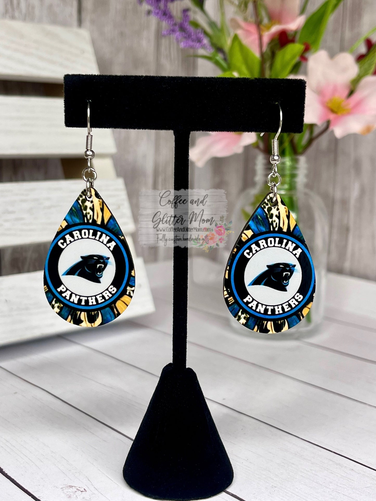 Panthers Football Flower Teardrop Earrings