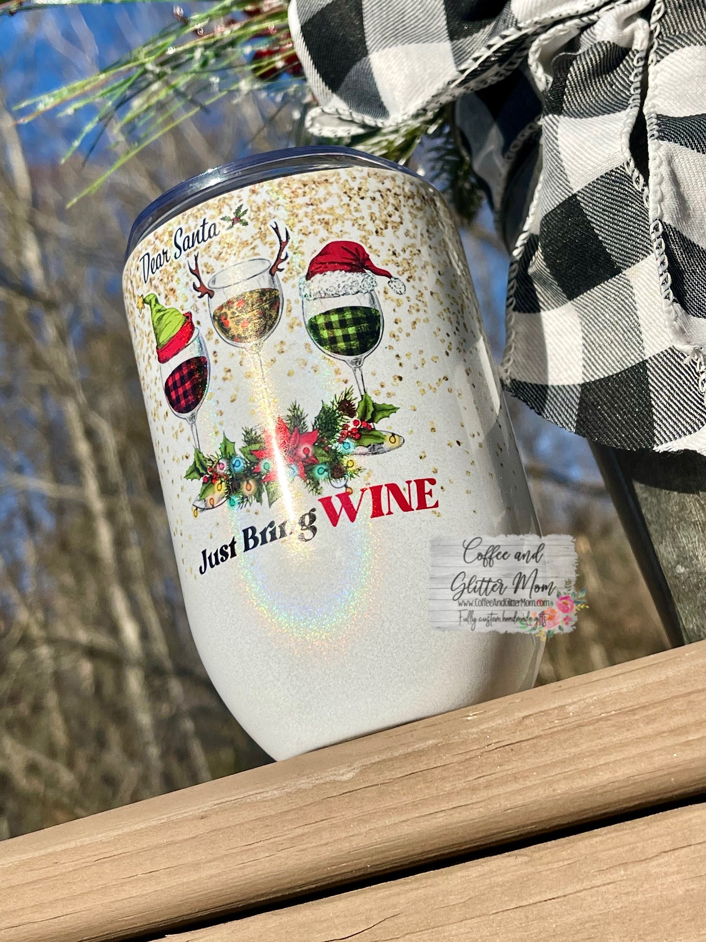 Santa Bring Wine Christmas 12oz Holographic Sparkle Wine Tumbler