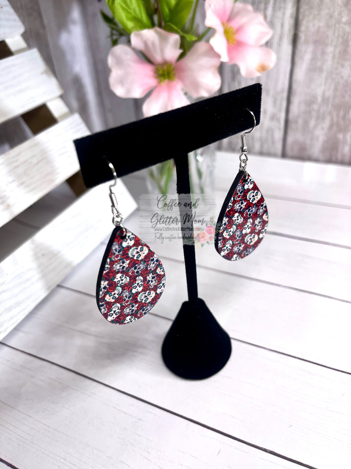 Red Rose Skull Teardrop Earrings
