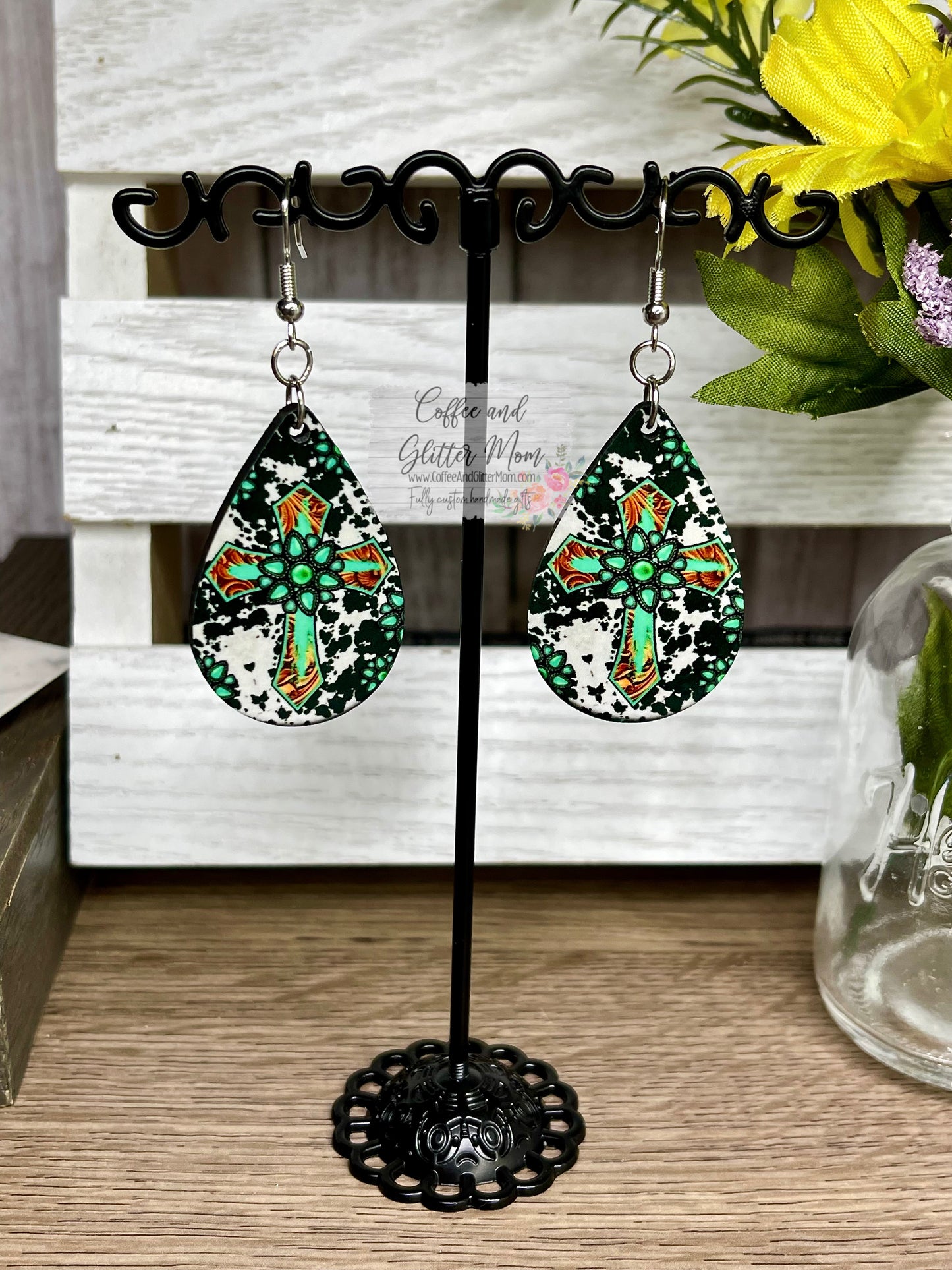Turquoise Cross Western Heart Earrings