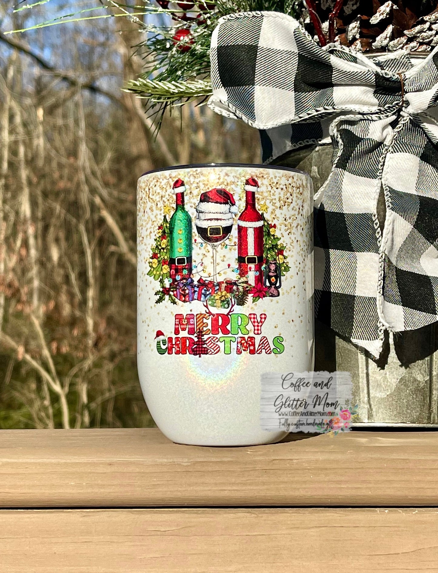 Merry Christmas Wine Bottle 12oz Holographic Sparkle Wine Tumbler