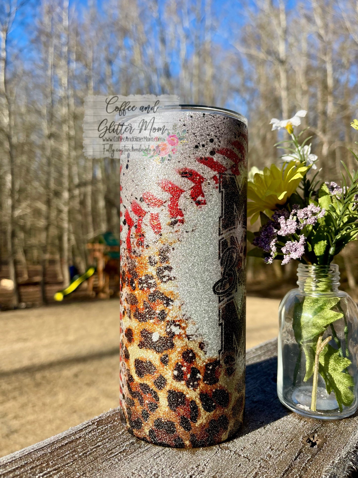 Animal Print Baseball Mom 15oz Silver Glitter Skinny Tumbler