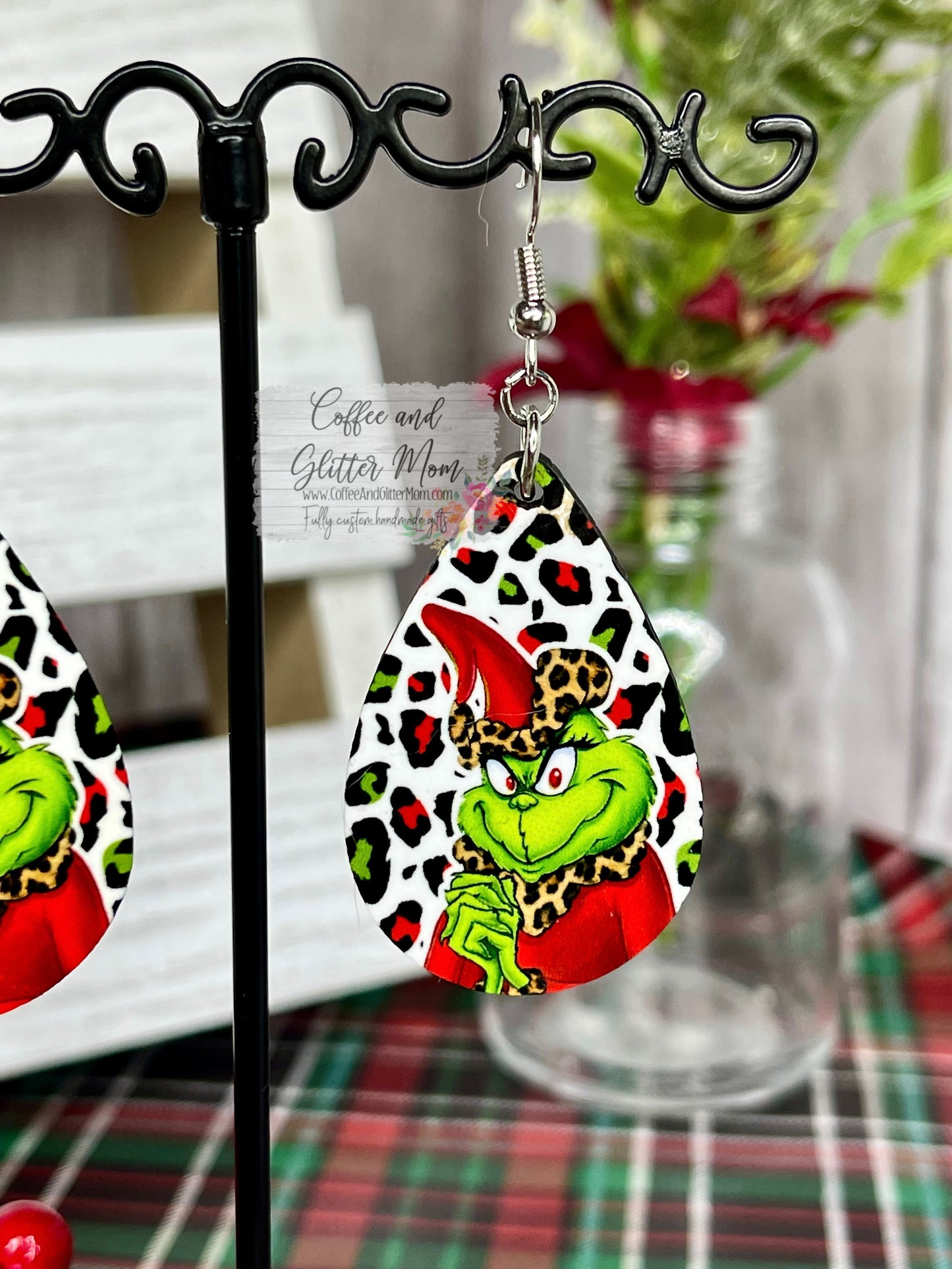 Animal Print Grinch Christmas Earrings RTS