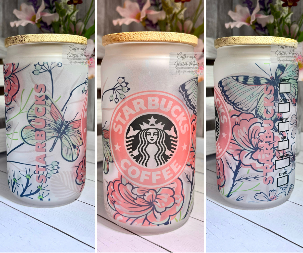 Pink Butterfly Starbucks 12oz Glass Can