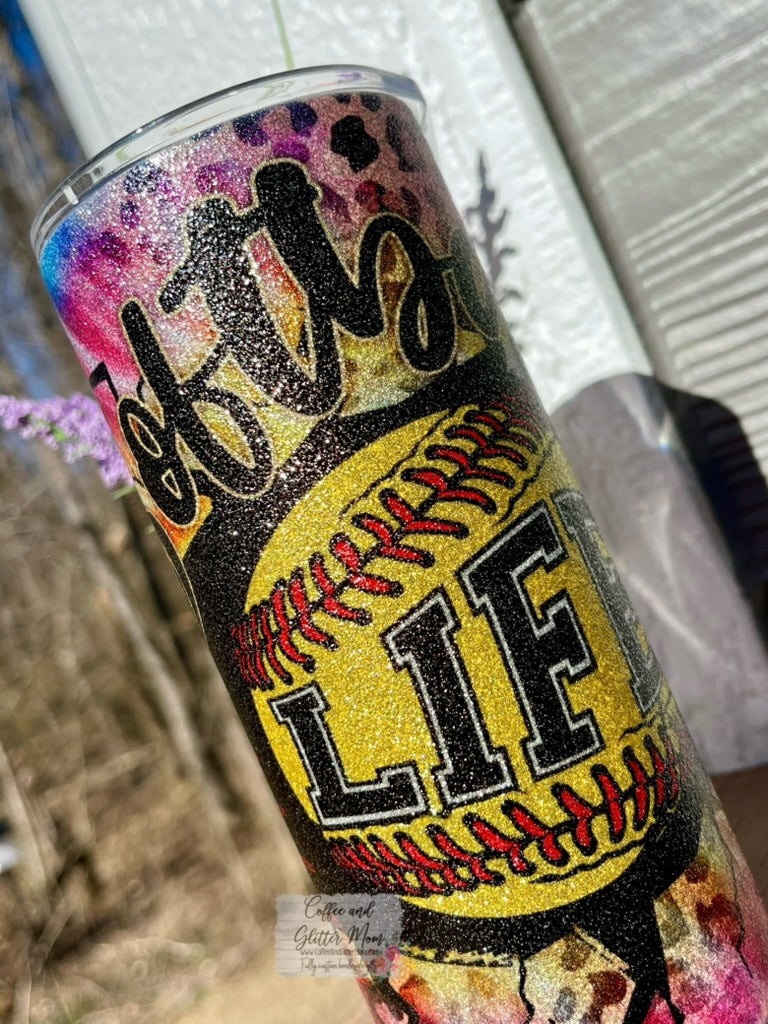 Softball Life Tie-Dye 15oz Silver Glitter Skinny Tumbler