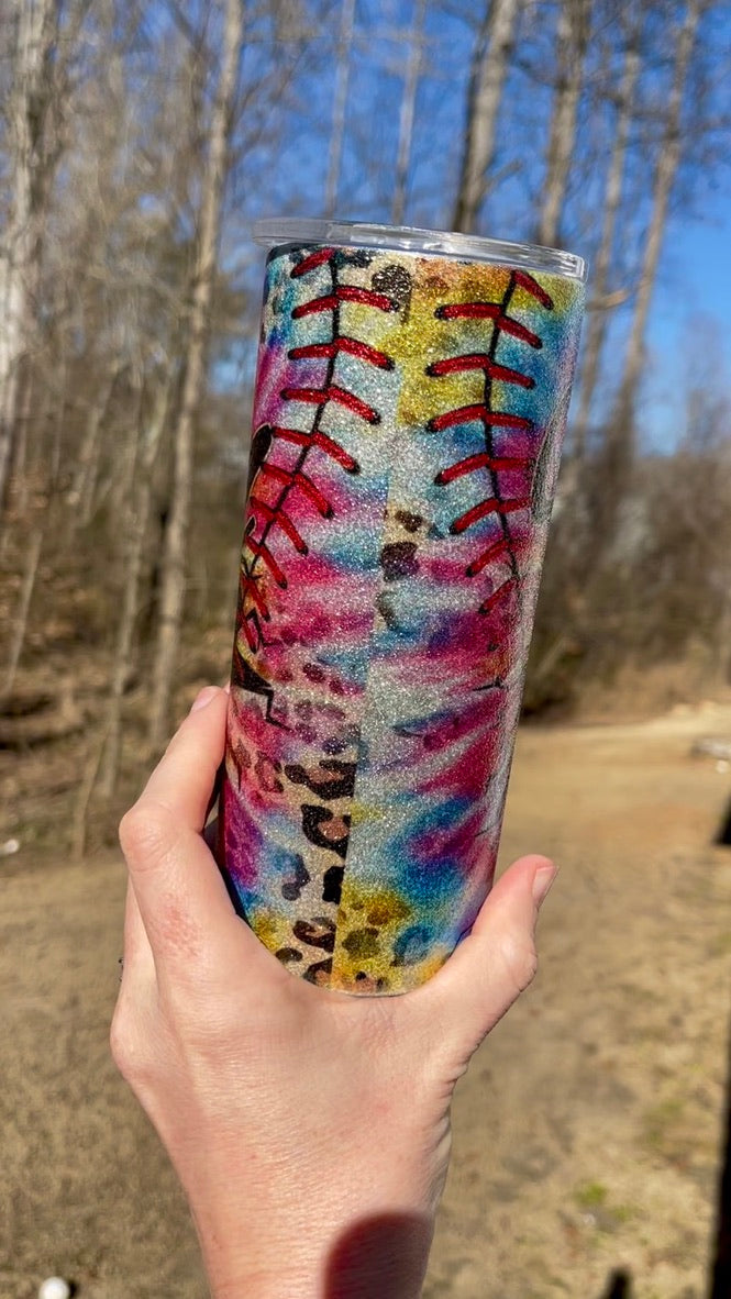 Softball Life Tie-Dye 15oz Silver Glitter Skinny Tumbler