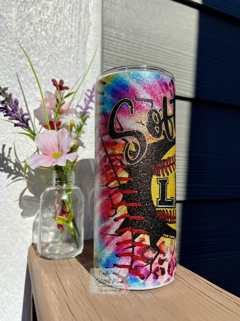 Softball Life Tie-Dye 15oz Silver Glitter Skinny Tumbler