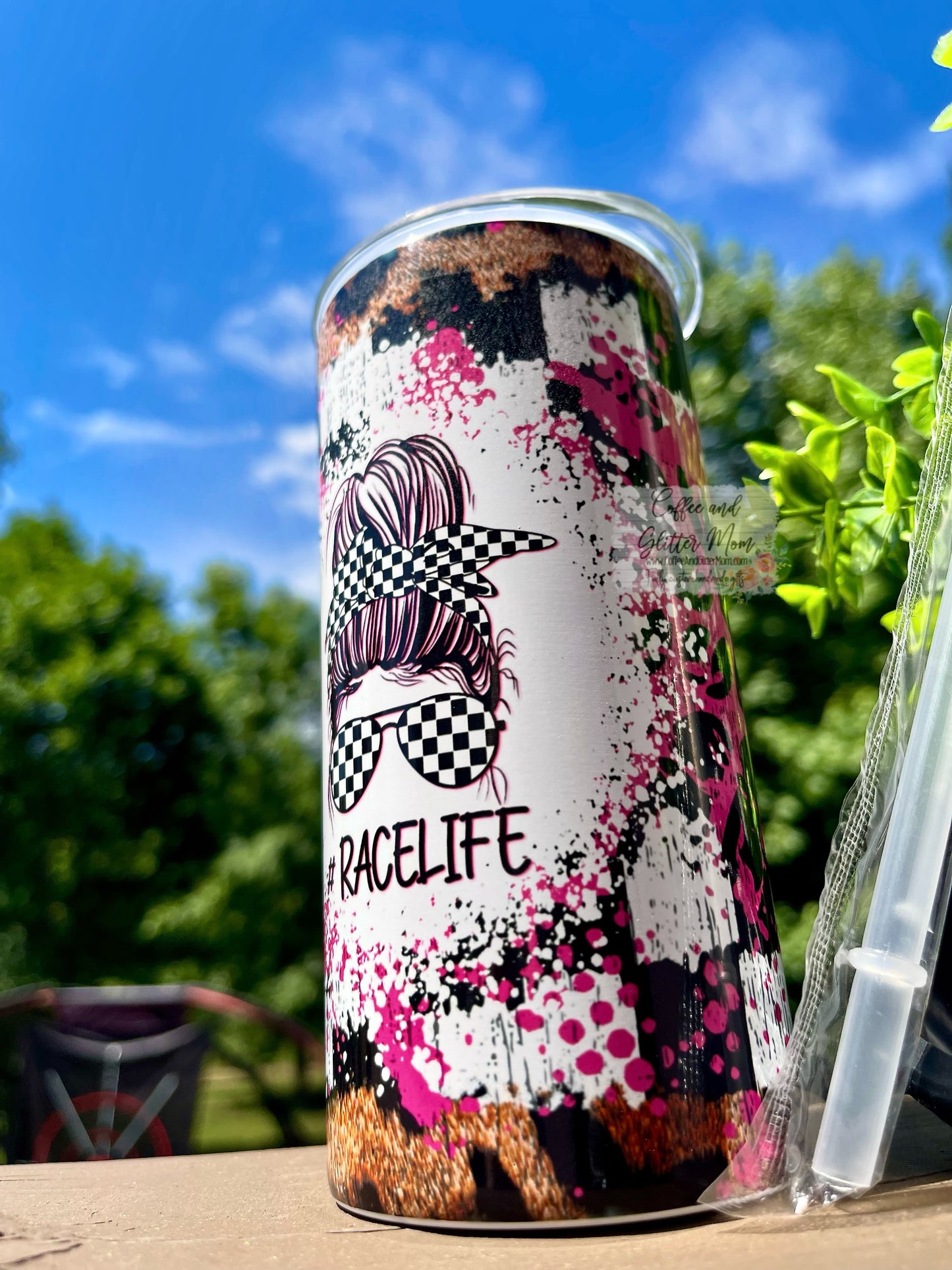 Race Life Pink 12oz Skinny Can Cooler Duo-Lid Tumbler
