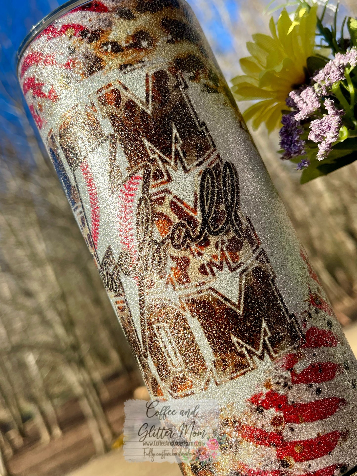 Animal Print Baseball Mom 15oz Silver Glitter Skinny Tumbler