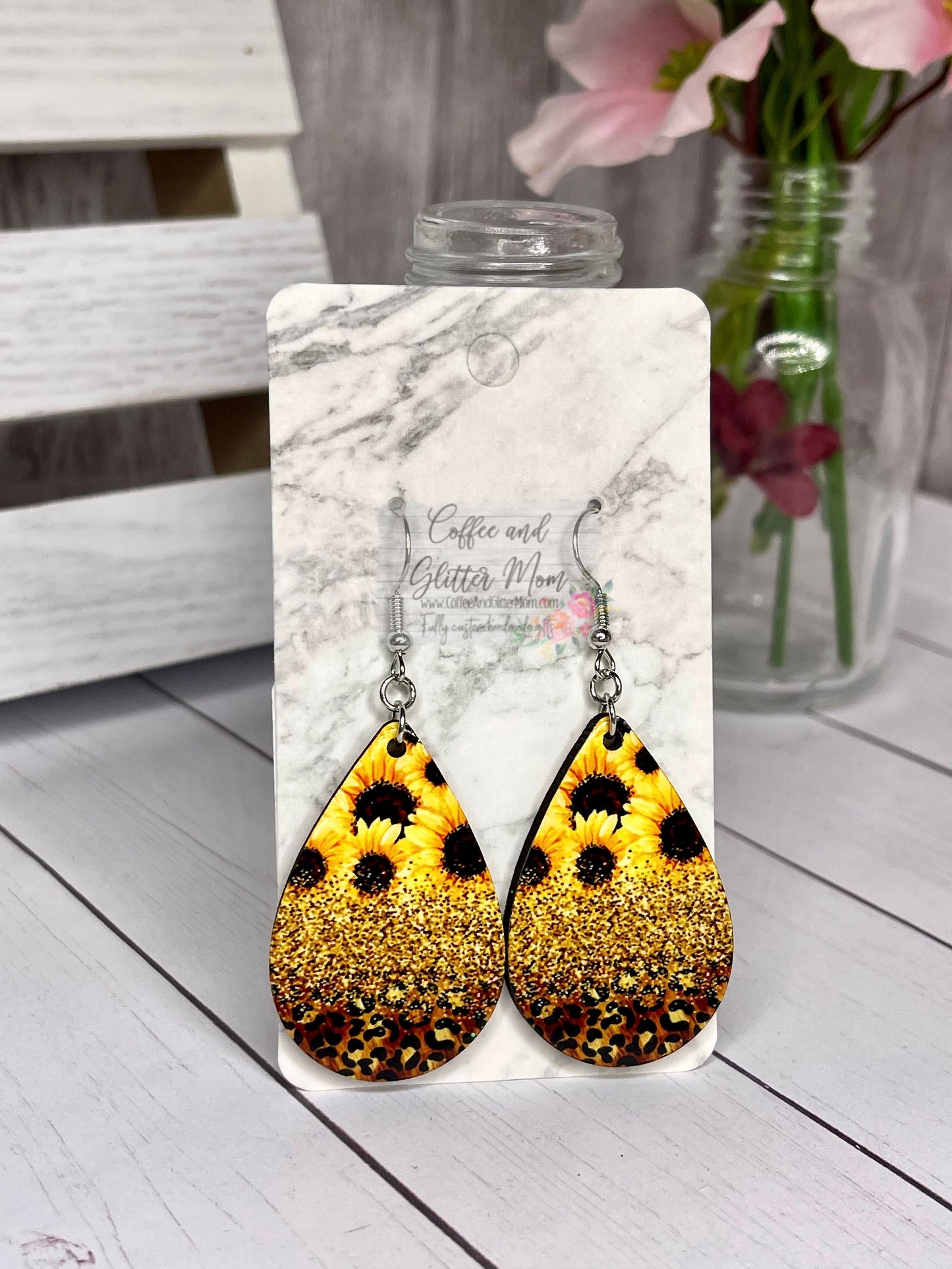 Sunflower Leopard Teardrop Earrings RTS