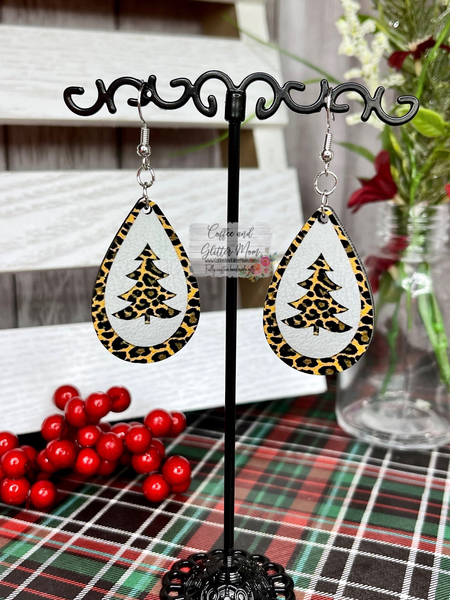Leopard Print Tree Christmas Earrings