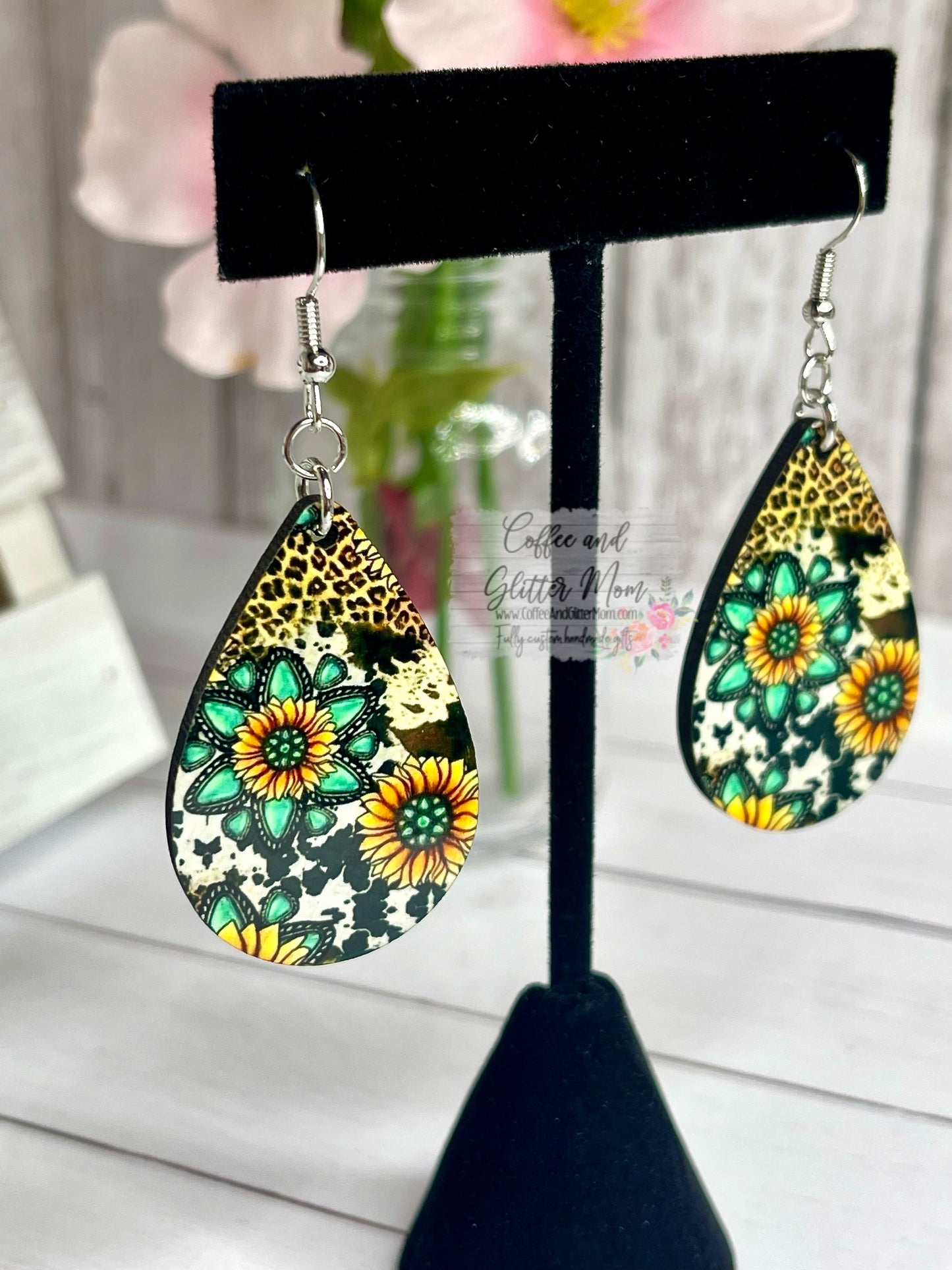 Sunflower Leopard/Cowhide and Turquoise Teardrop Earrings