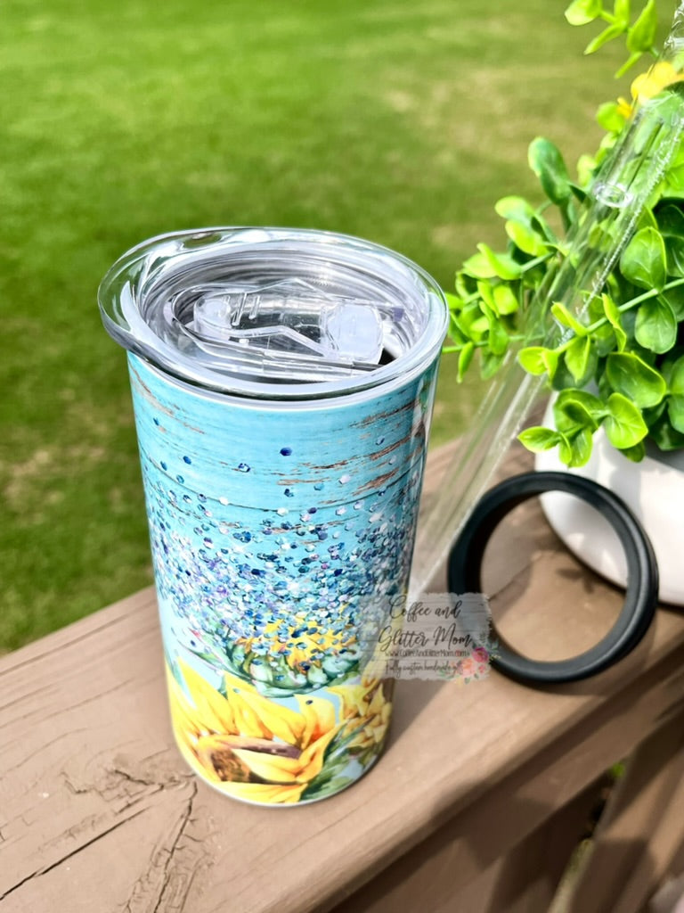 Rustic Sunflower 12oz Skinny Can Cooler Duo-Lid Tumbler