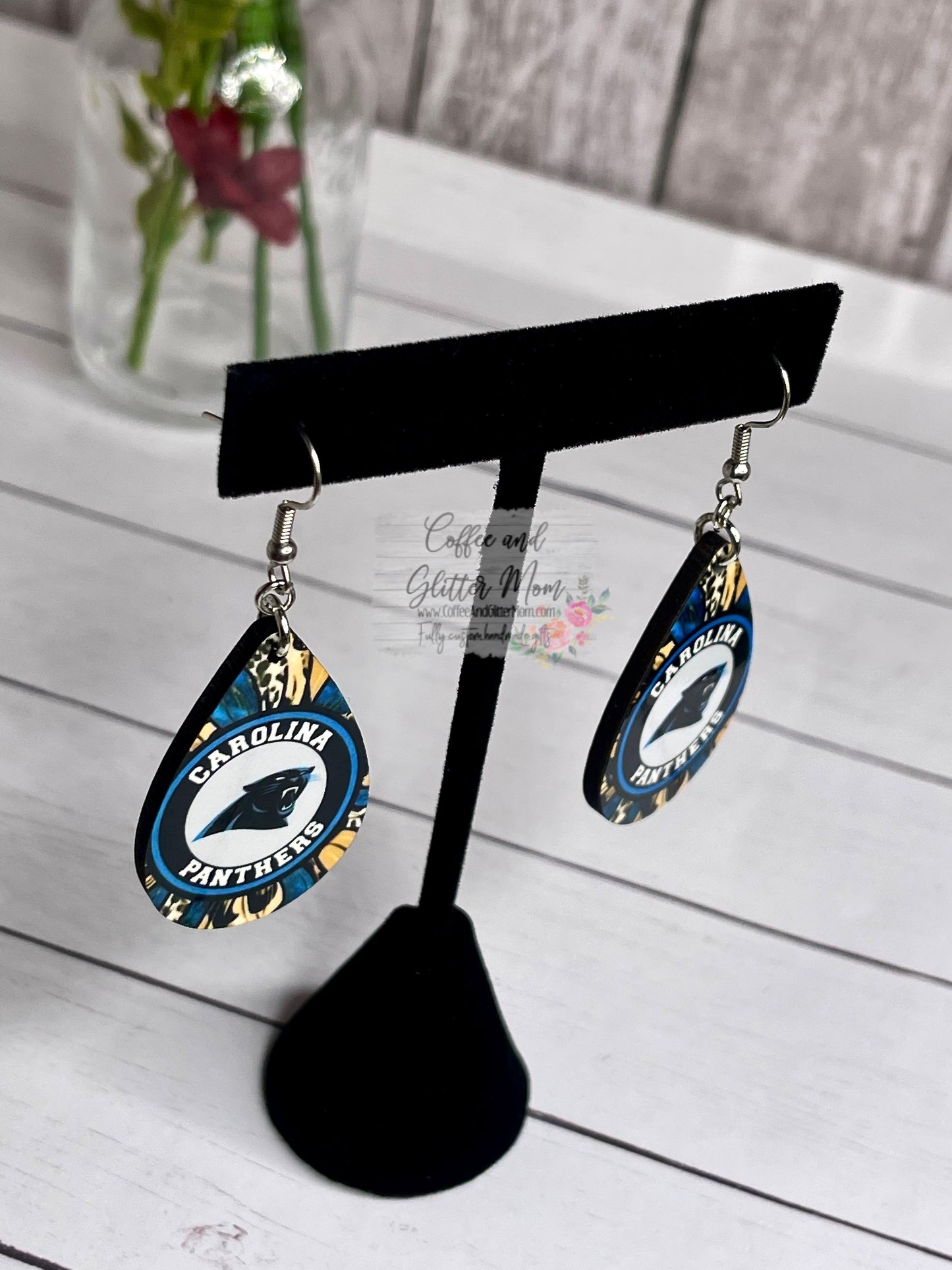Panthers Football Flower Teardrop Earrings
