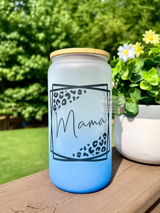 Mama Animal Print Squares 16oz Blue Ombre Glass Can