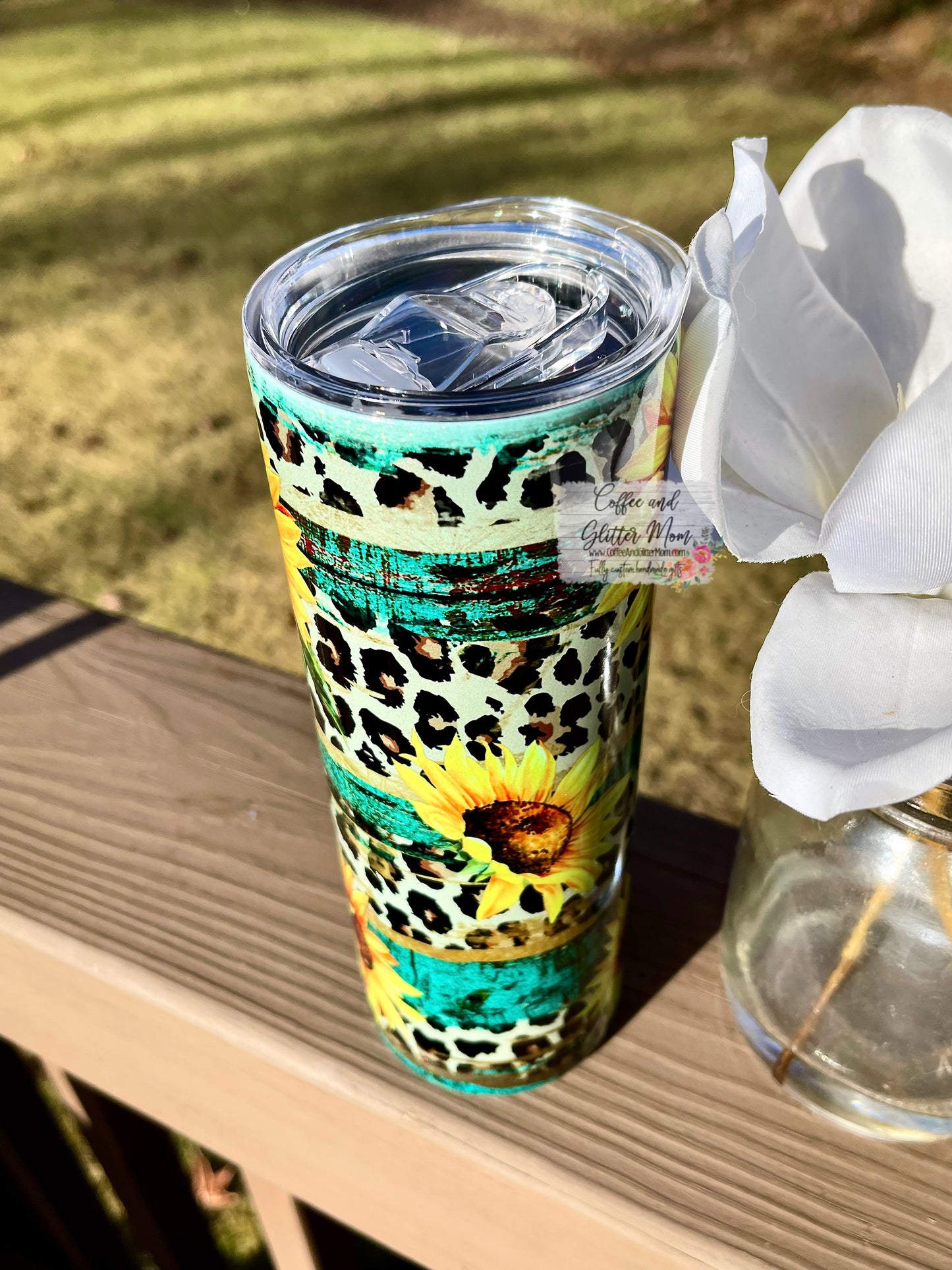 Rustic Sunflower Leopard 20oz Holographic Mint Skinny Tumbler