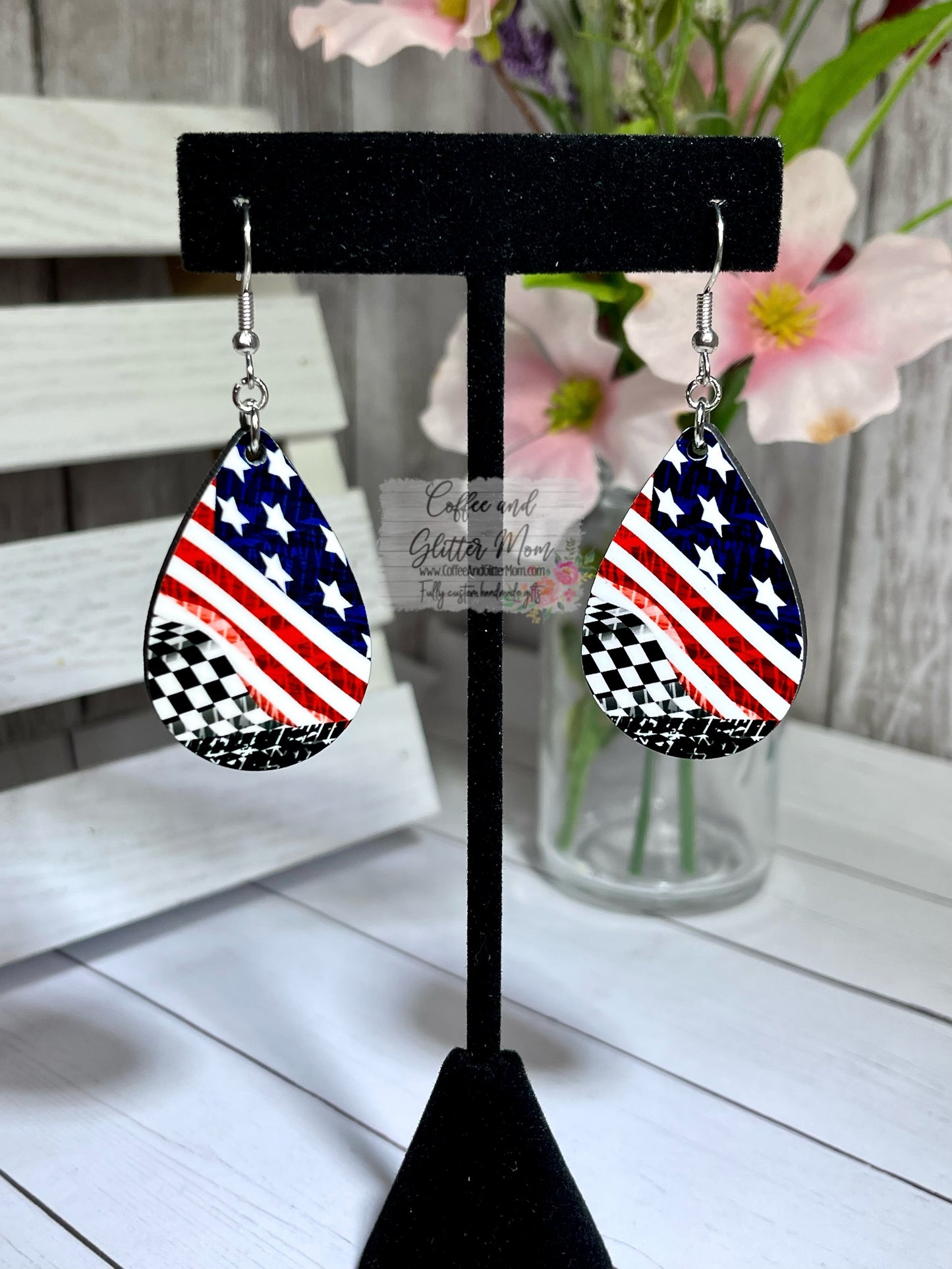 American Checkered Flag Racing Teardrop Earrings