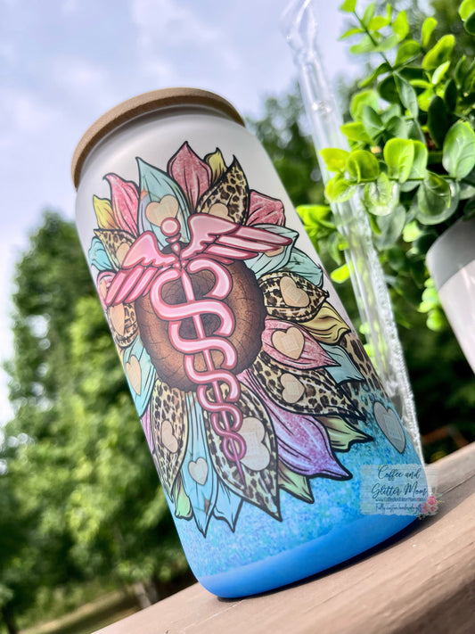 Caduceus Flower 16oz Blue Glass Can