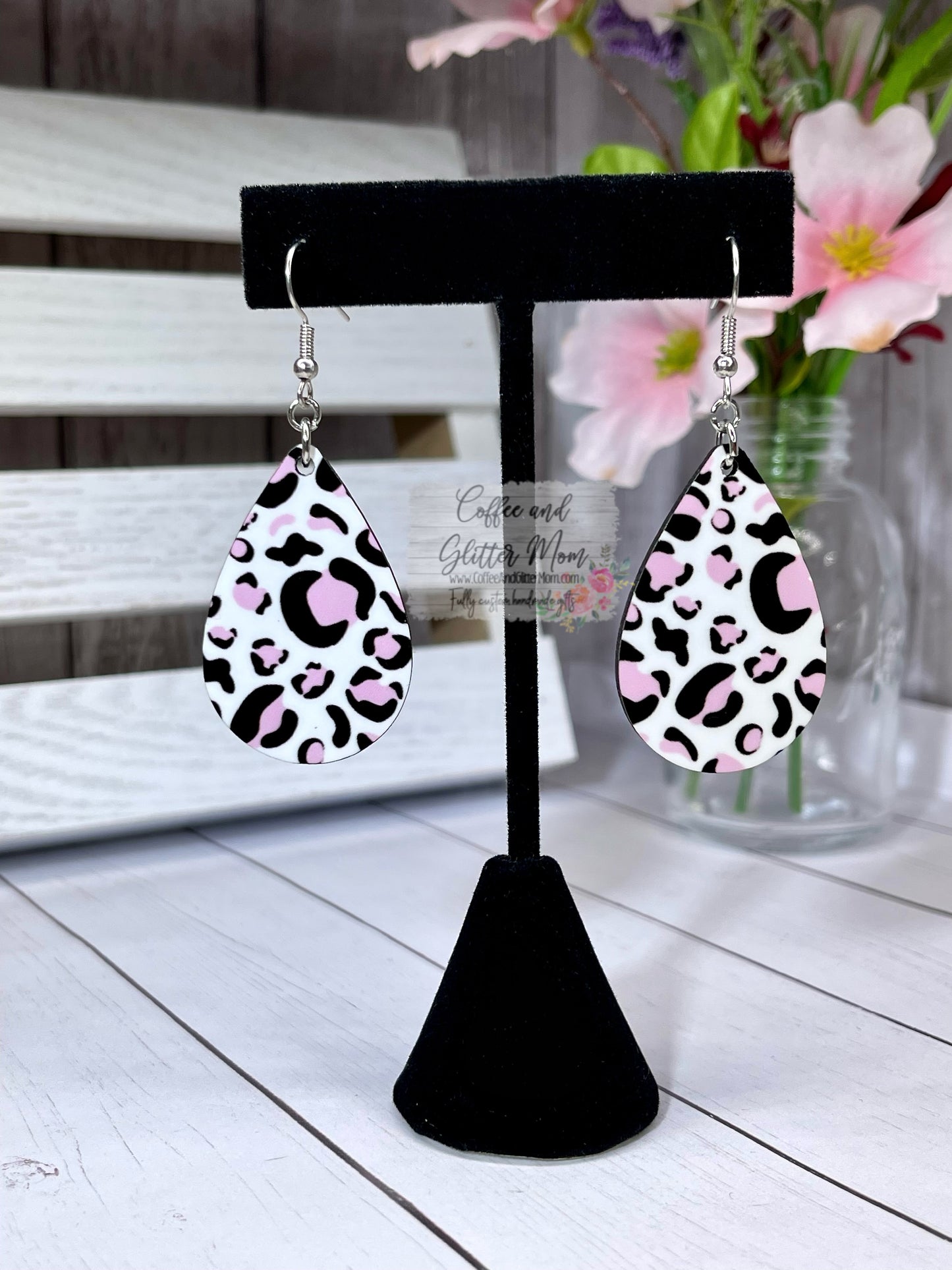 Pink and White Animal Print Teardrop Earrings