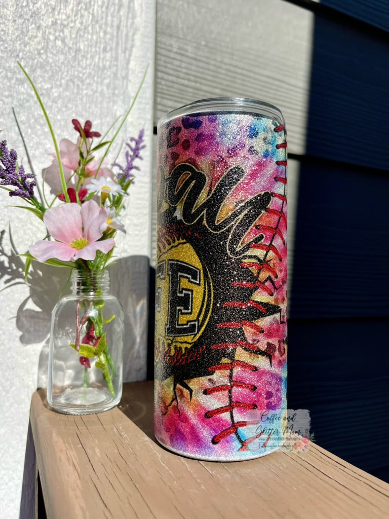 Softball Life Tie-Dye 15oz Silver Glitter Skinny Tumbler