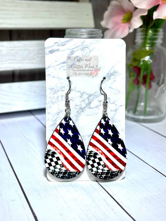 American Checkered Flag Racing Teardrop Earrings