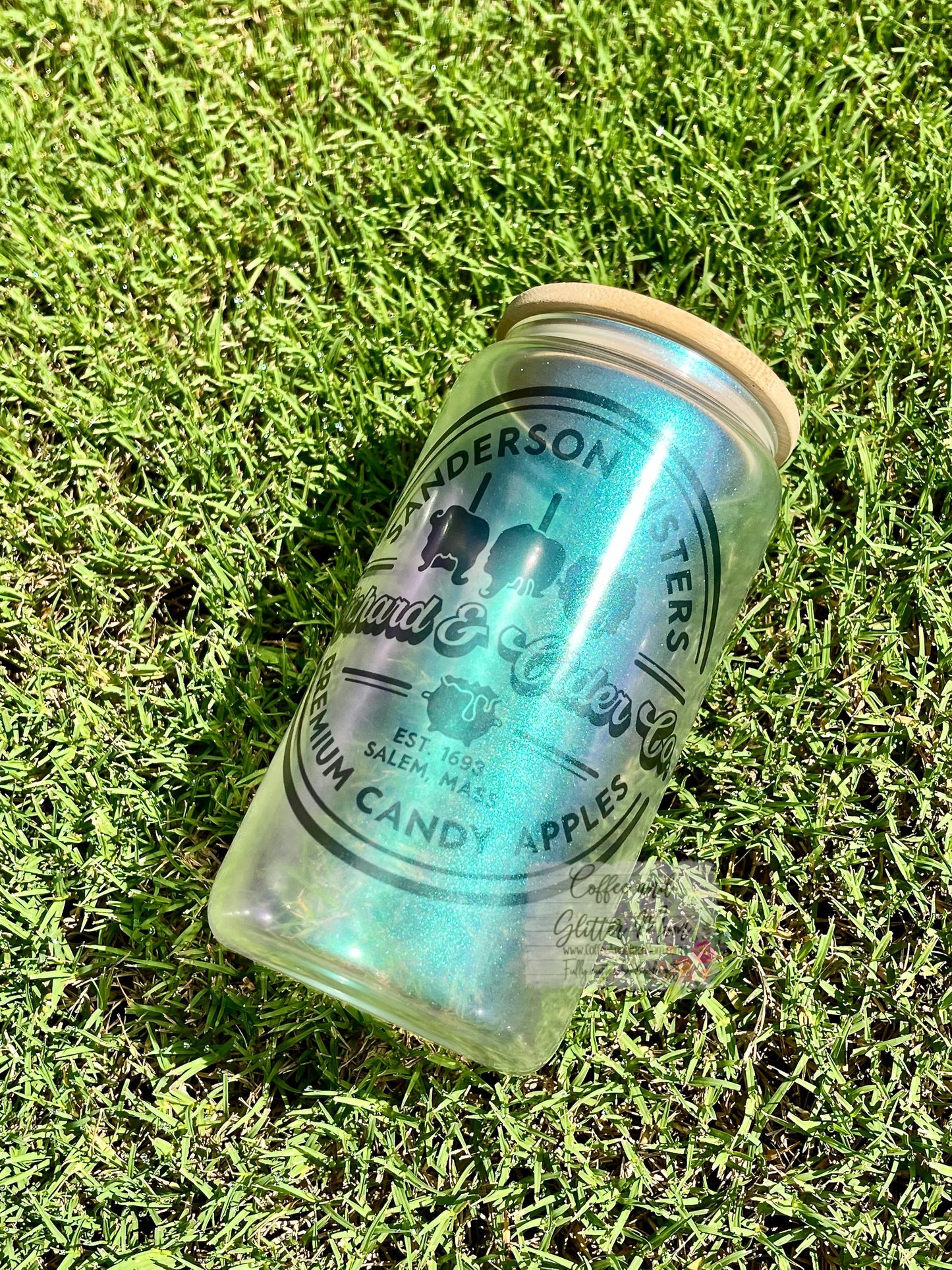 Sanderson Witches Apples Green Iridescent Glass Can