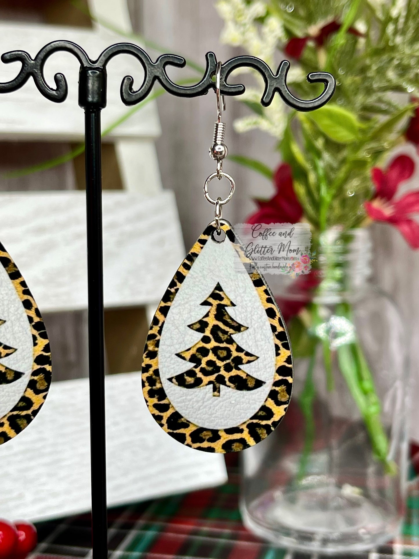 Leopard Print Tree Christmas Earrings