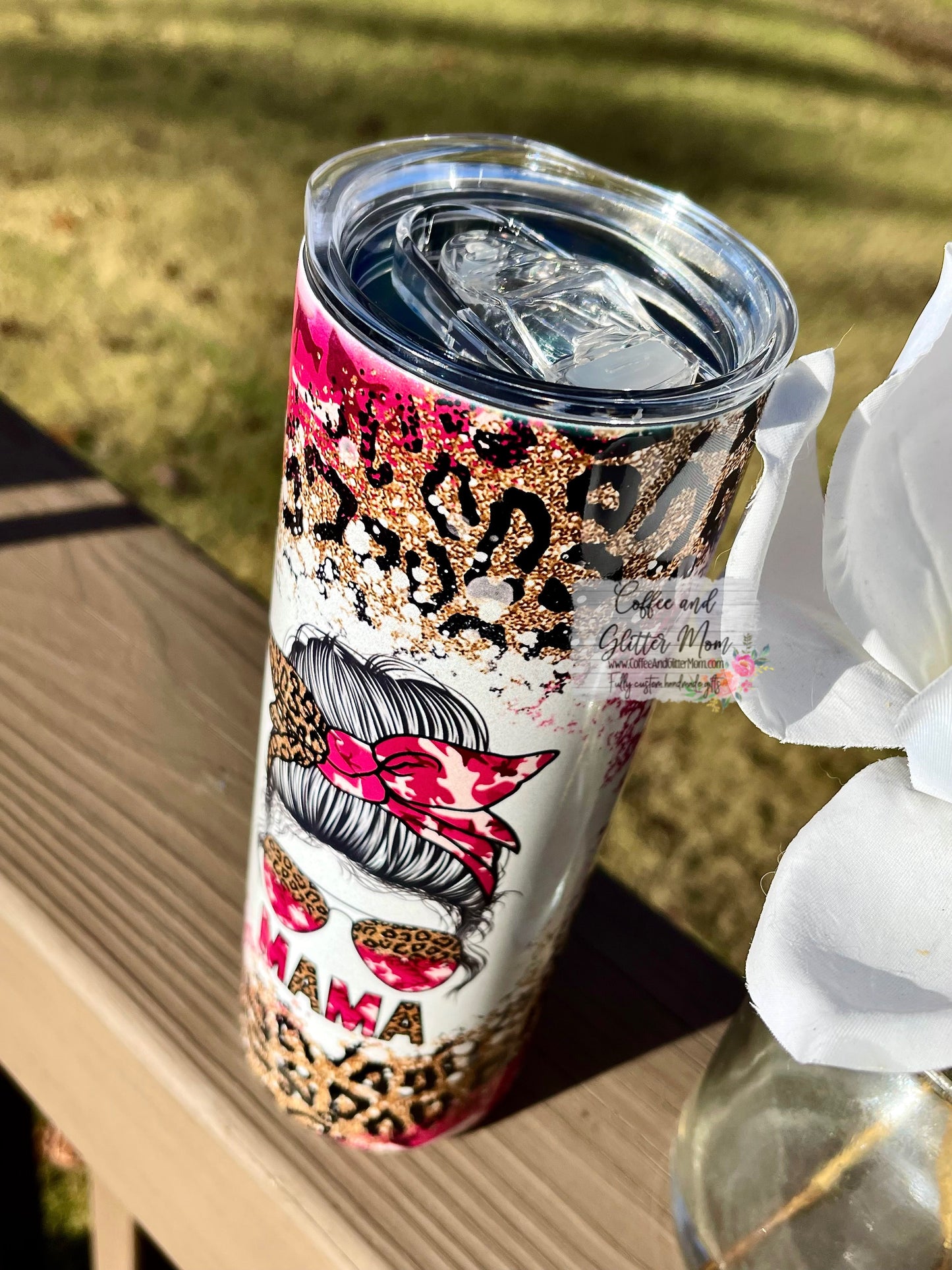 Camo Leopard Print Mama 20oz Holographic Pink/White Skinny Tumbler