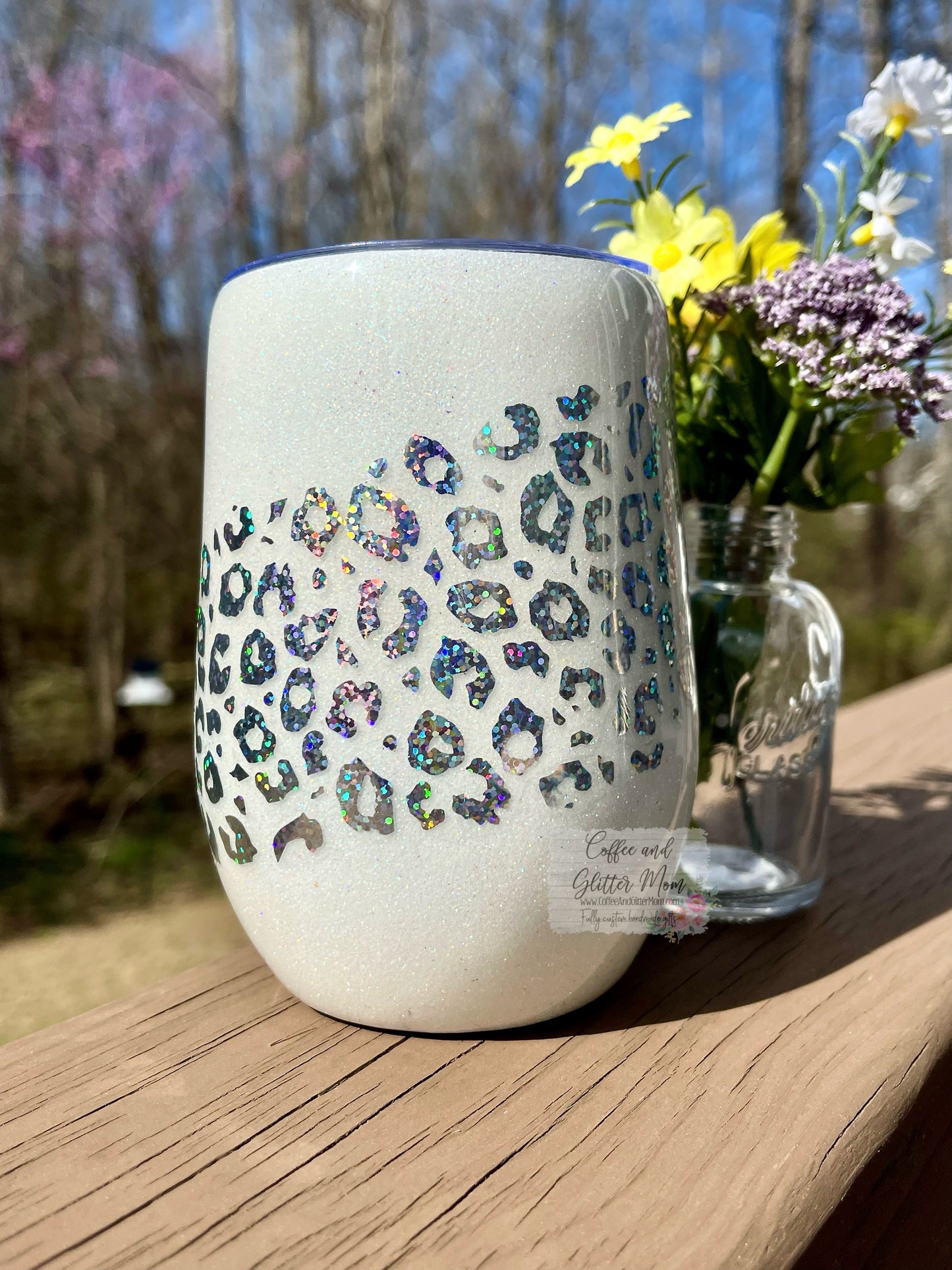 White Animal Print Rainbow 15oz Wine Tumbler with Lid and Straw