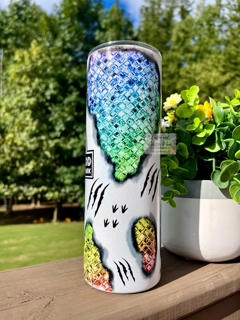 Motherhood is a Walk in the Park Dinosaur 20oz White Rainbow Skinny Tumbler
