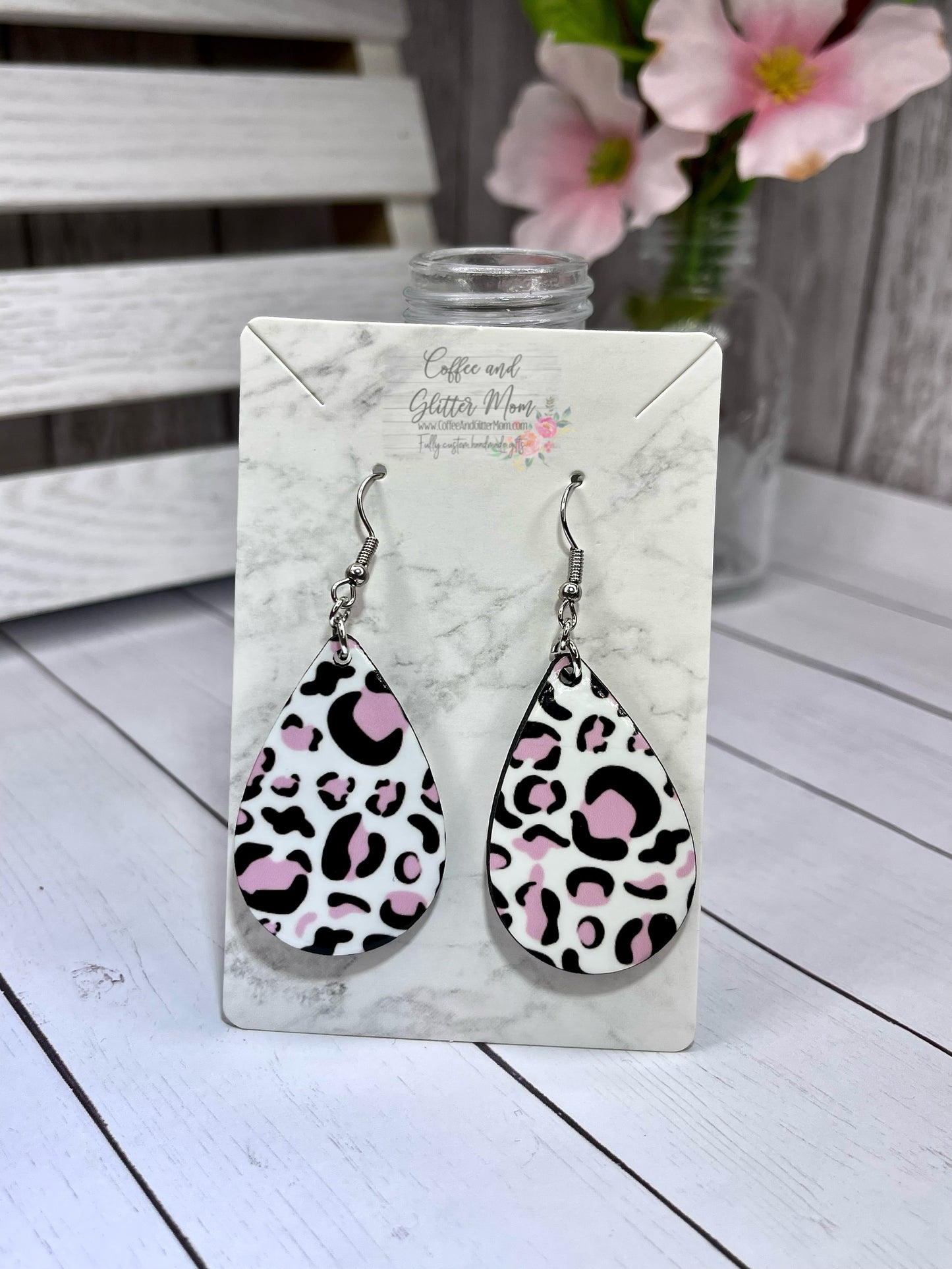 Pink and White Animal Print Teardrop Earrings