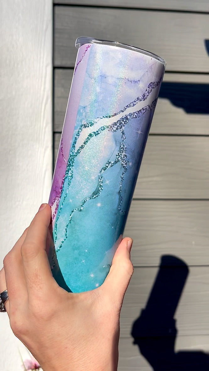 Good Moms Say Marble 20oz Holographic White Skinny Tumbler RTS