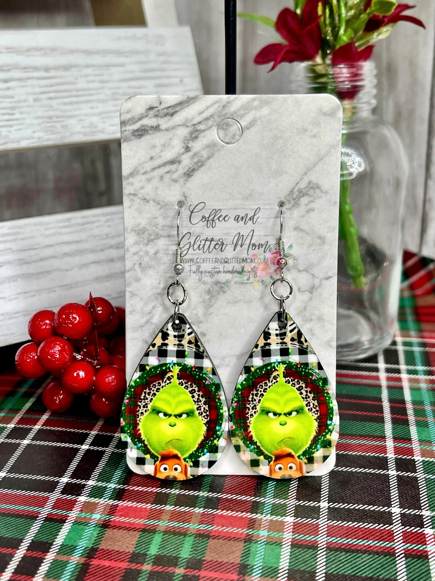 Grinch & Pup Christmas Earrings