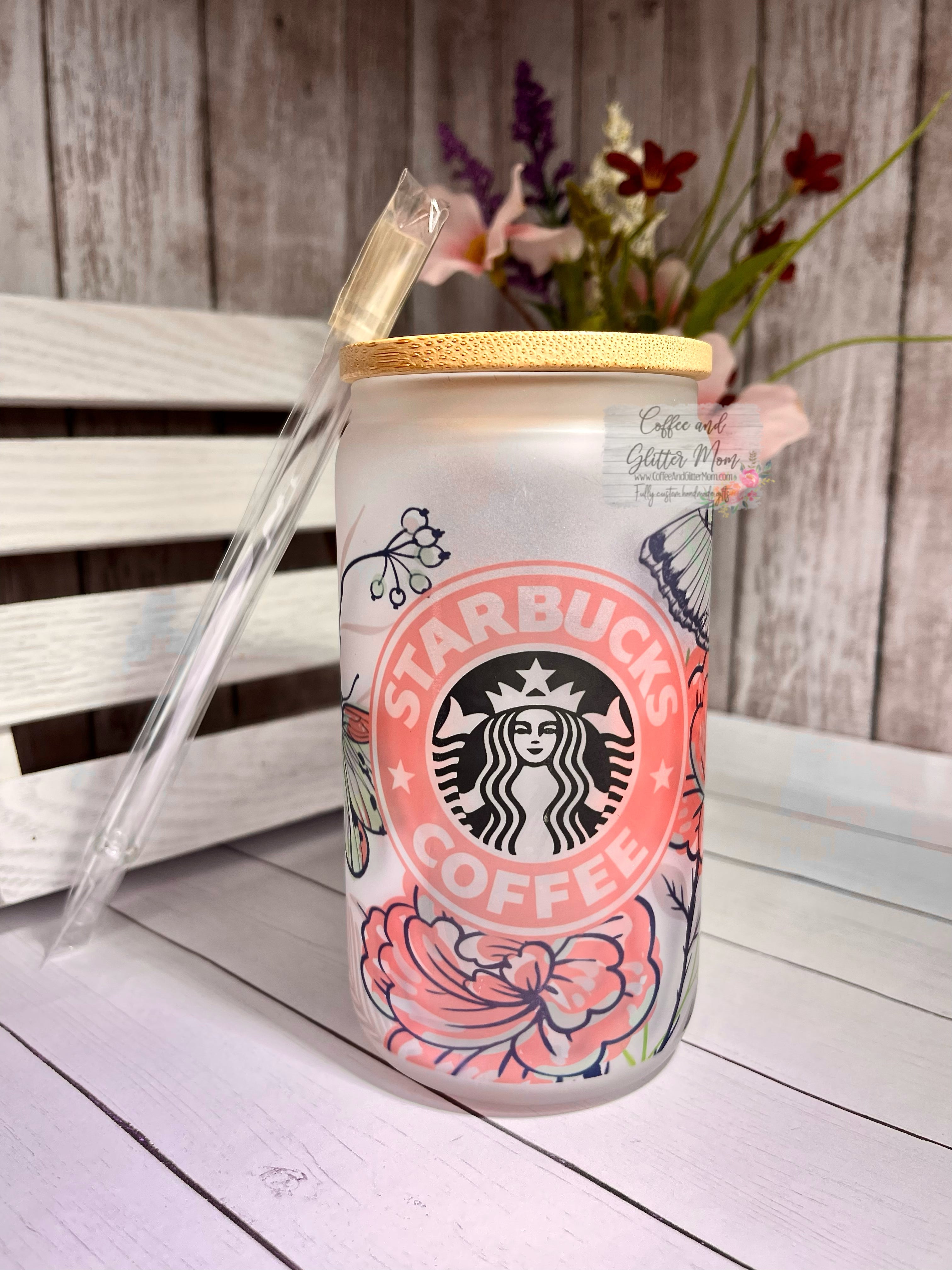 16oz Pink Butterflies Design Ice Coffee Glass Cup With Bamboo Lid, Pink  Glass Straw And Straw Brush, Holographic Vinyl Craft Beer Glass Can, Soda  Glas