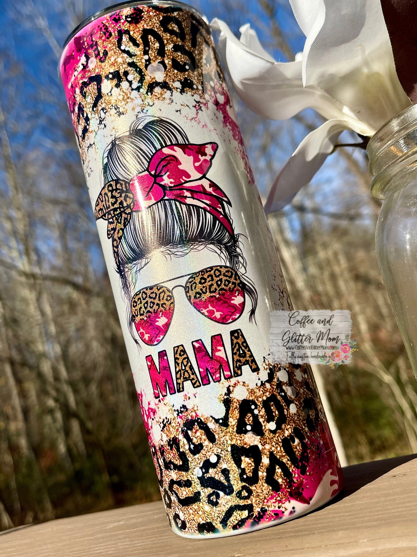 Camo Leopard Print Mama 20oz Holographic Pink/White Skinny Tumbler