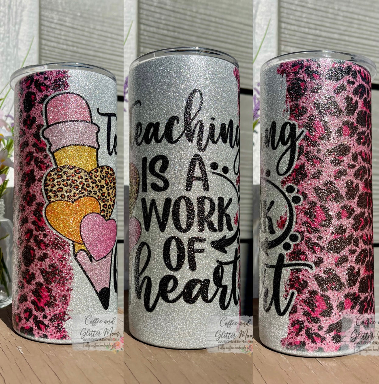 Teaching is a Work of Heart 15oz Silver Glitter Skinny Tumbler