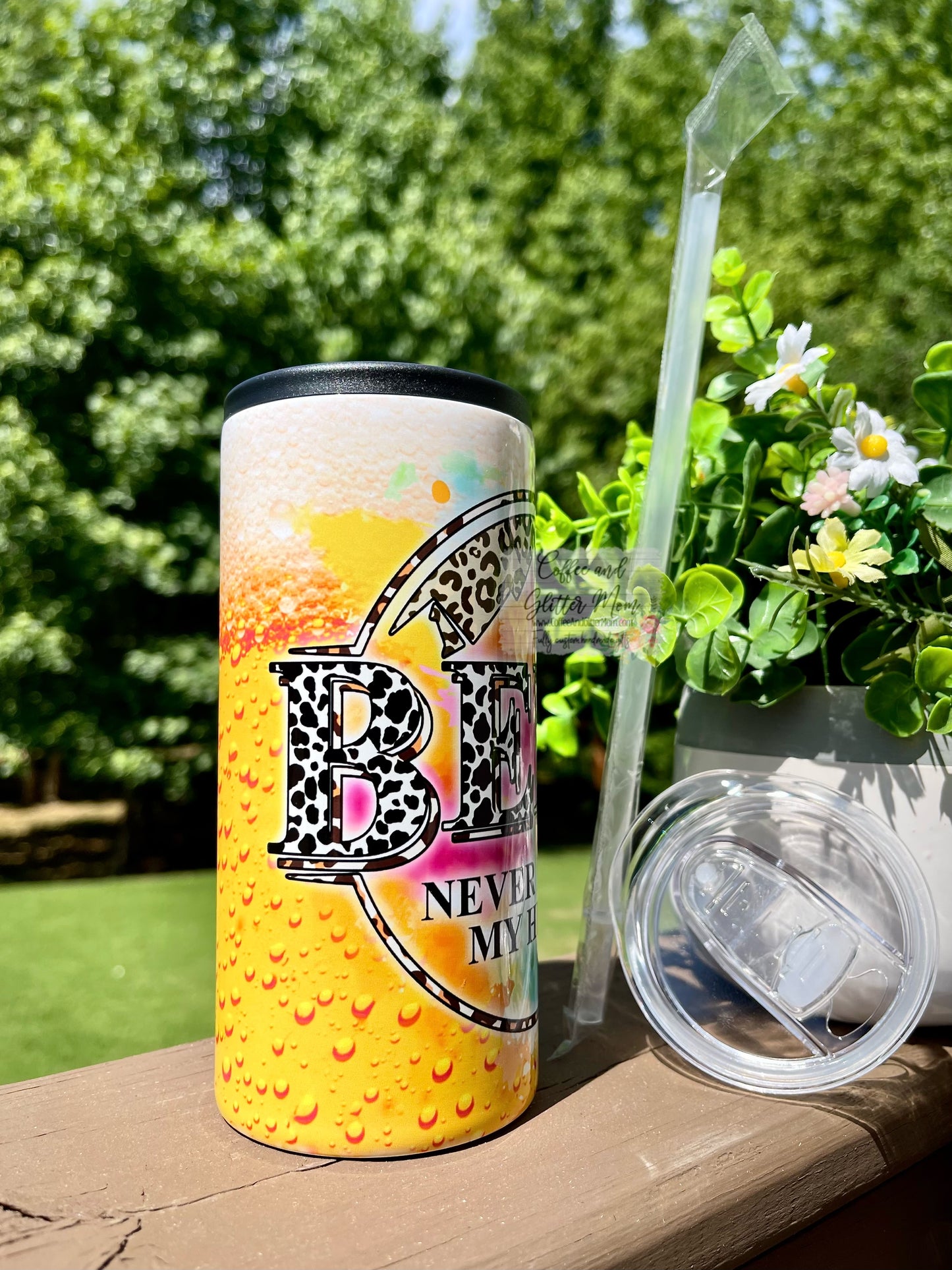 Beer Never Broke My Heart 12oz Skinny Can Cooler Duo-Lid Tumbler