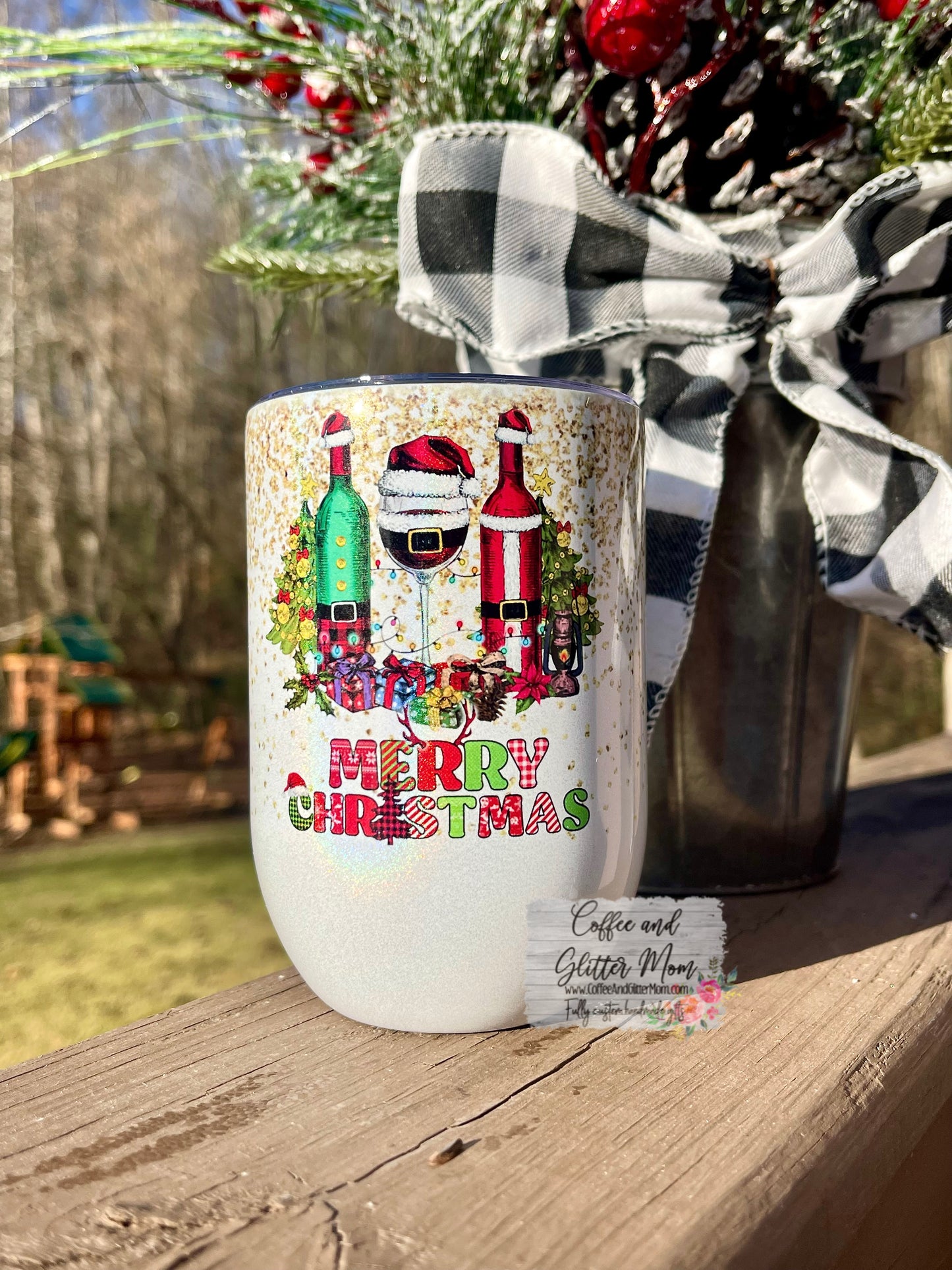 Merry Christmas Wine Bottle 12oz Holographic Sparkle Wine Tumbler