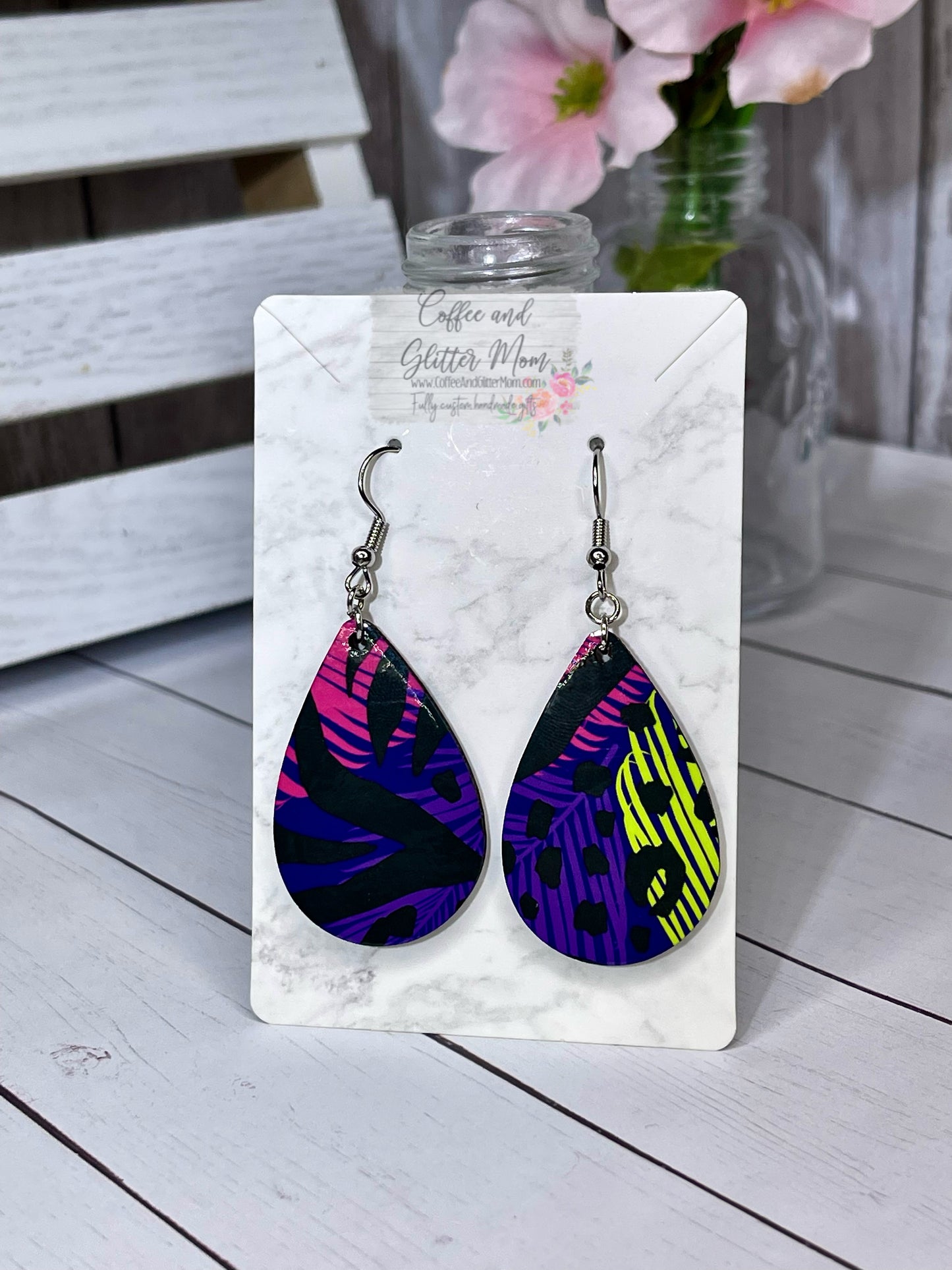 Neon Palm Leaf Teardrop Earrings