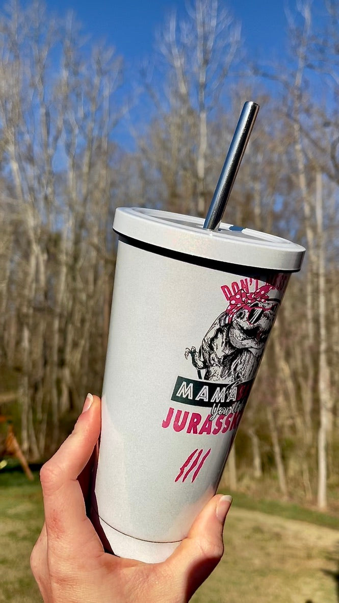 Don't Mess With Dino Mama 16oz White Rainbow Tumbler