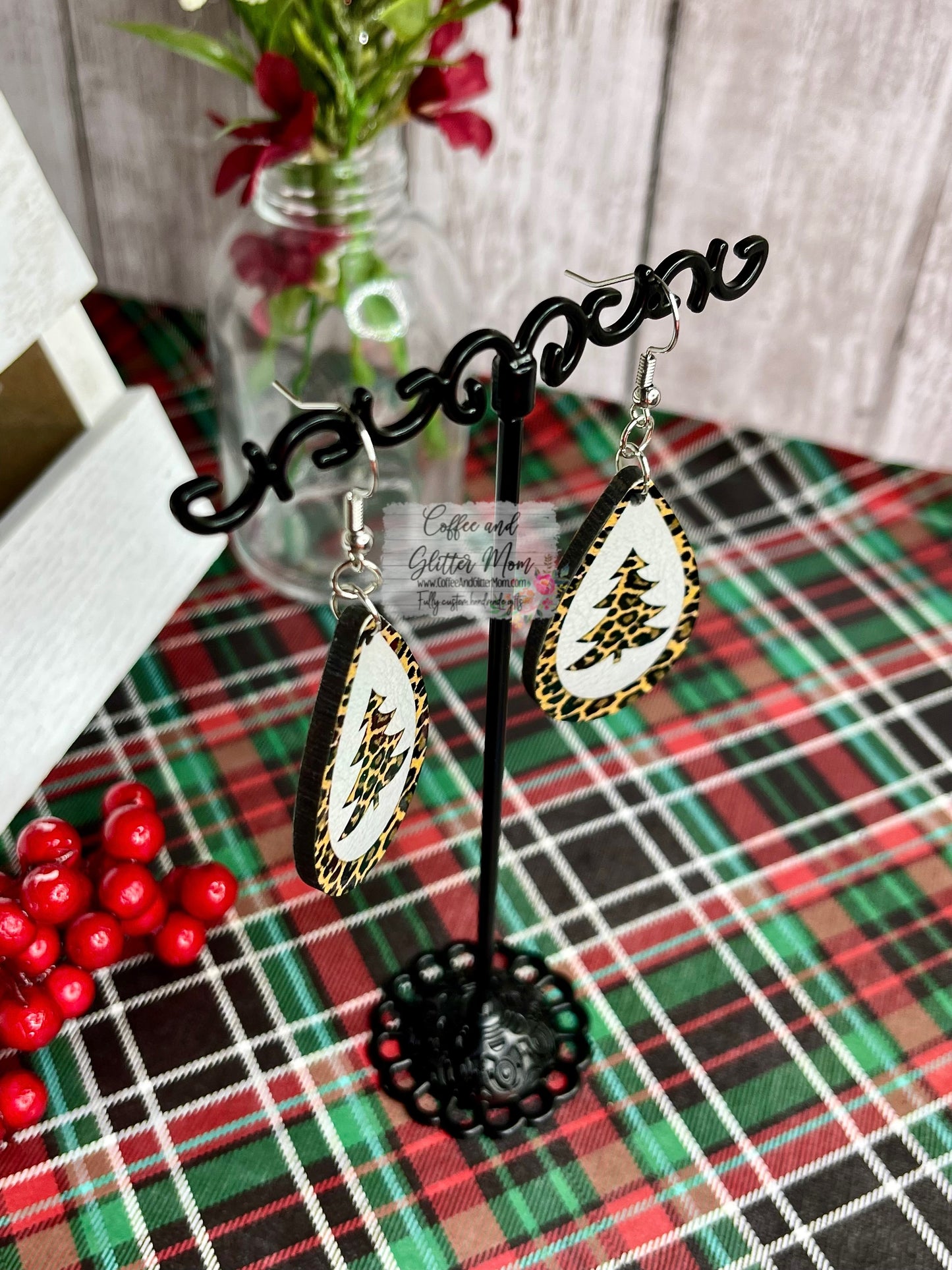 Leopard Print Tree Christmas Earrings