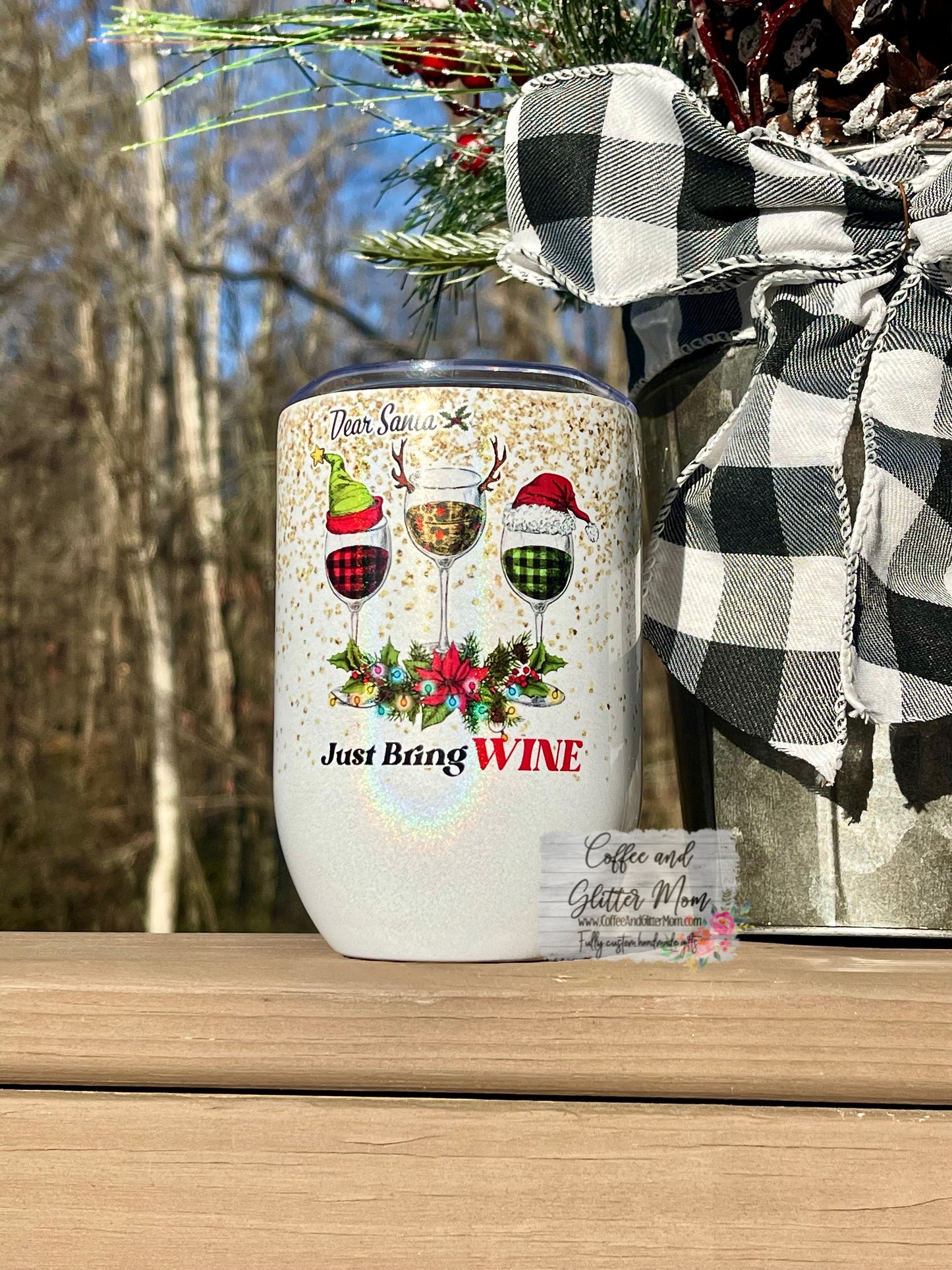 Santa Bring Wine Christmas 12oz Holographic Sparkle Wine Tumbler