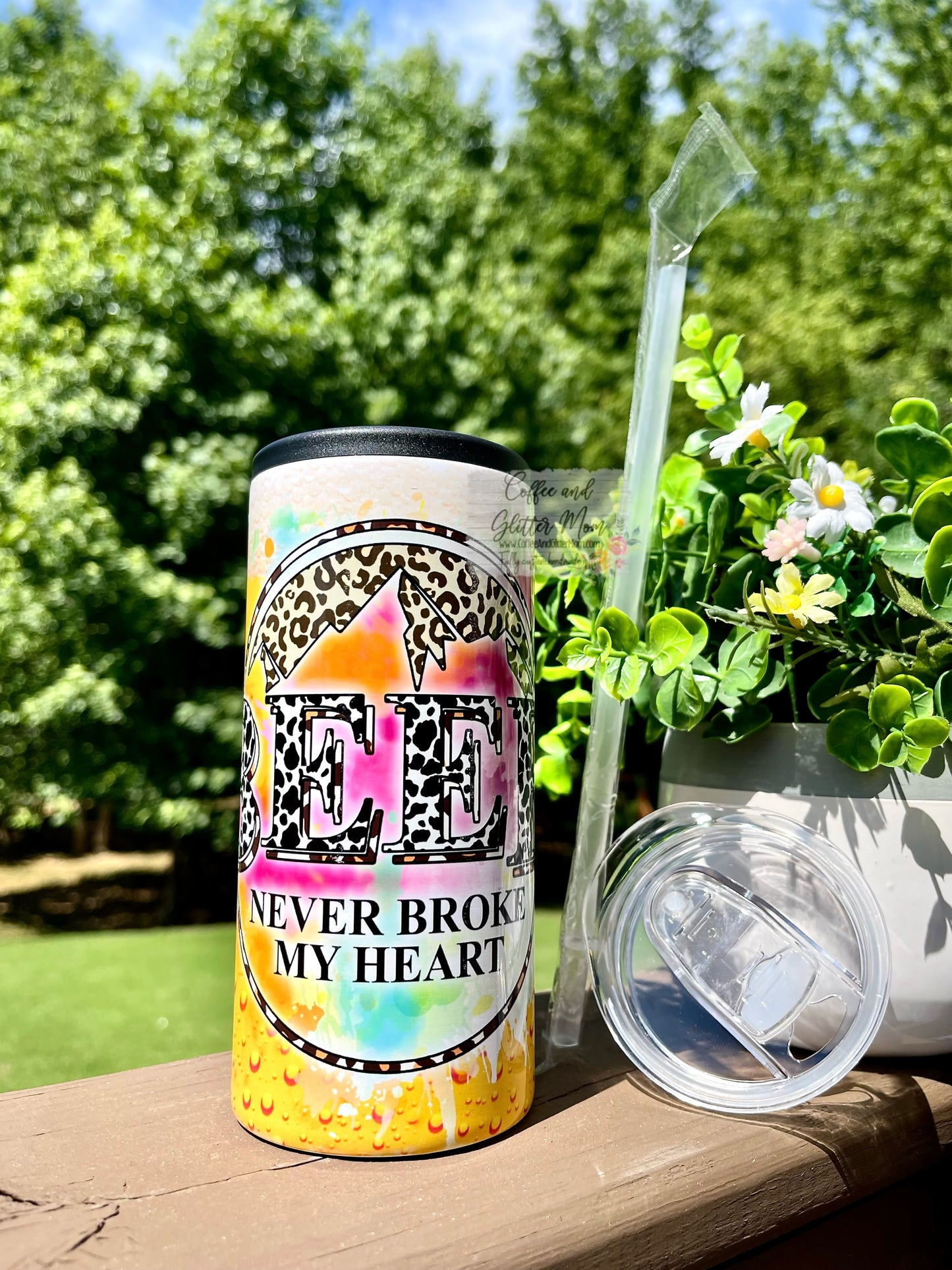 Beer Never Broke My Heart 12oz Skinny Can Cooler Duo-Lid Tumbler