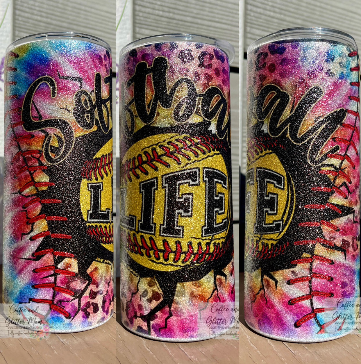 Softball Life Tie-Dye 15oz Silver Glitter Skinny Tumbler
