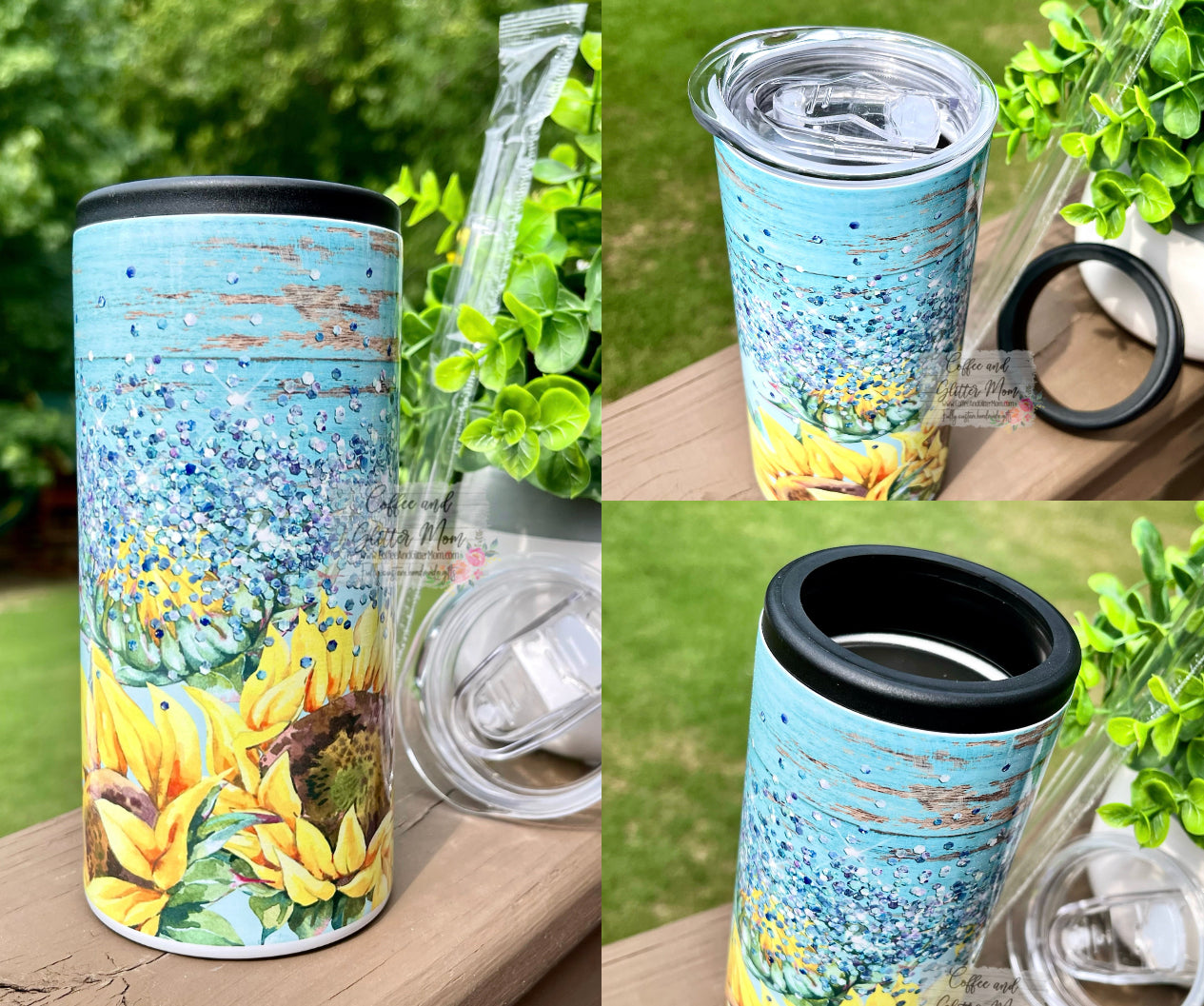 Rustic Sunflower 12oz Skinny Can Cooler Duo-Lid Tumbler