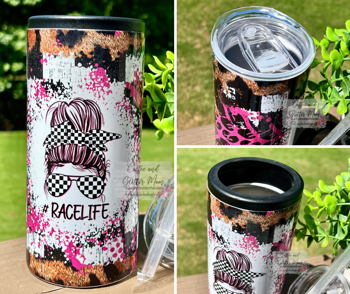 Race Life Pink 12oz Skinny Can Cooler Duo-Lid Tumbler
