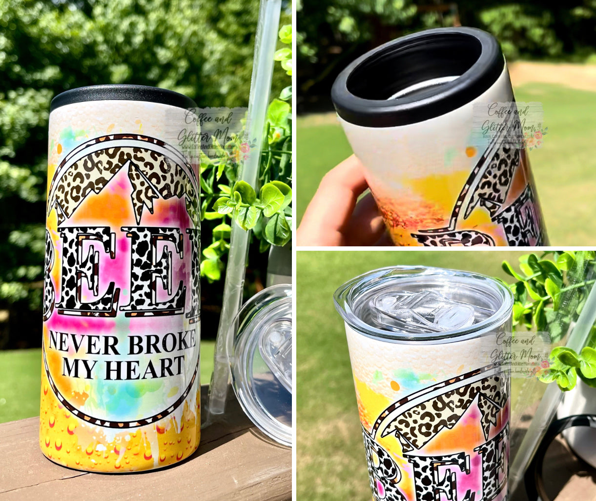 Beer Never Broke My Heart 12oz Skinny Can Cooler Duo-Lid Tumbler