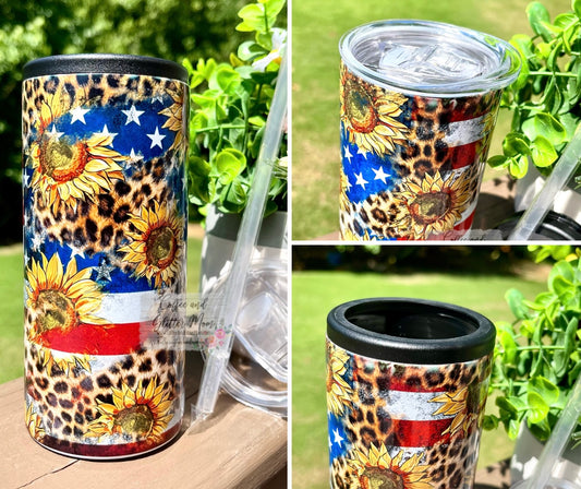 American Sunflower 12oz Skinny Can Cooler Duo-Lid Tumbler