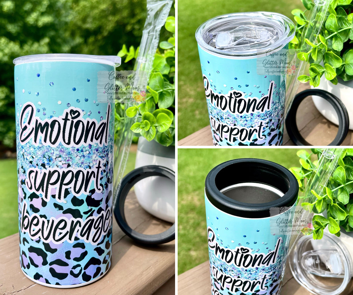 Emotional Support Beverage Animal Print 12oz Skinny Can Cooler Duo-Lid Tumbler