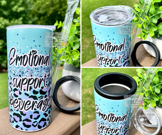 Emotional Support Beverage Animal Print 12oz Skinny Can Cooler Duo-Lid Tumbler